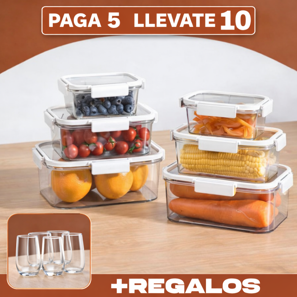 Llevate 10 y Pagá Solo 5: Frascos Herméticos de Vidrio Templado + 5 Vasos Long Drink de Regalo